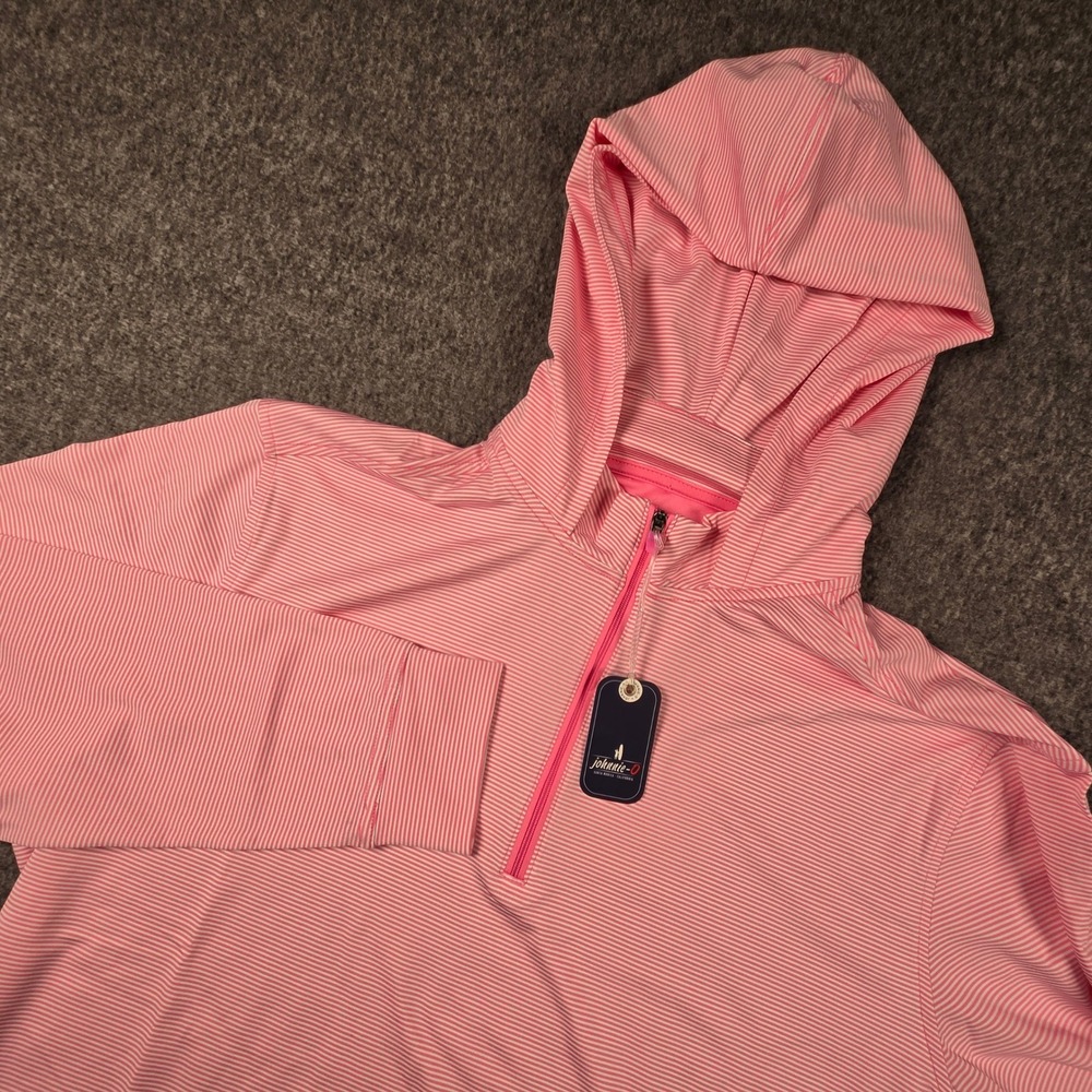Johnnie-O Hybrid Hoodie Mens Medium Pink Striped Performance NEW JMHD1150